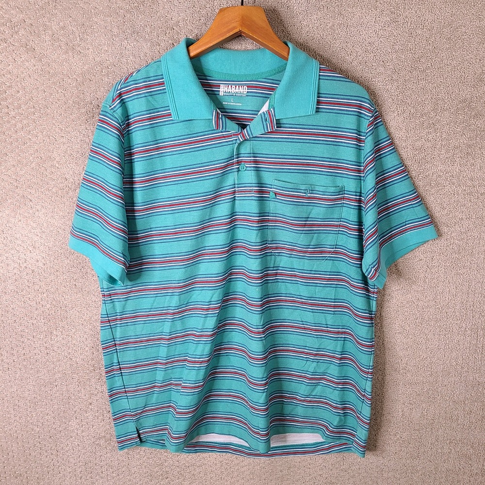 Haband Shirt Mens Large Blue Teal Red Striped Polo Short Sleeve Pocket Casual
